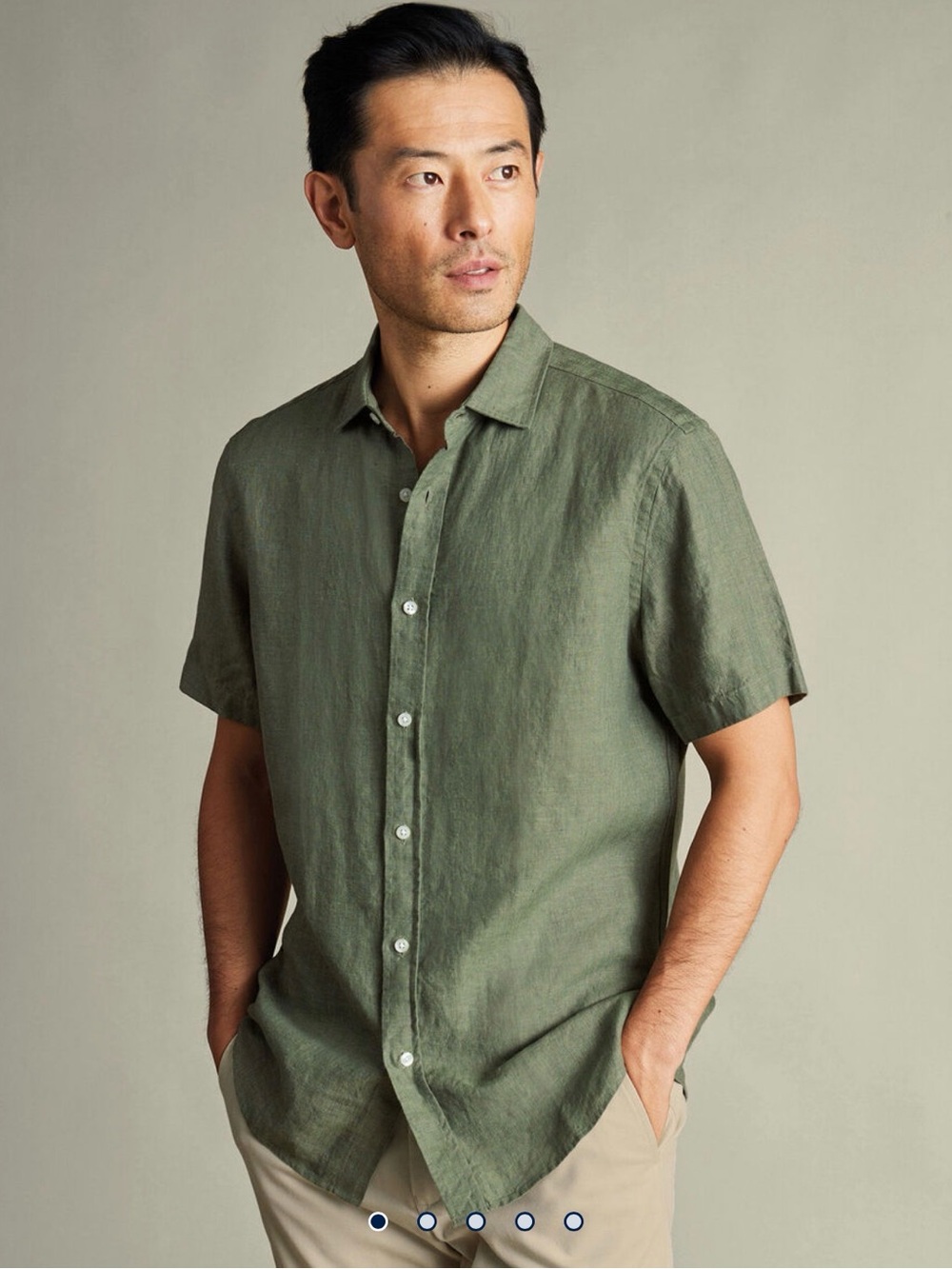 Charles Tyrwhitt Pure Linen Short Sleeve Shirt - Olive Green